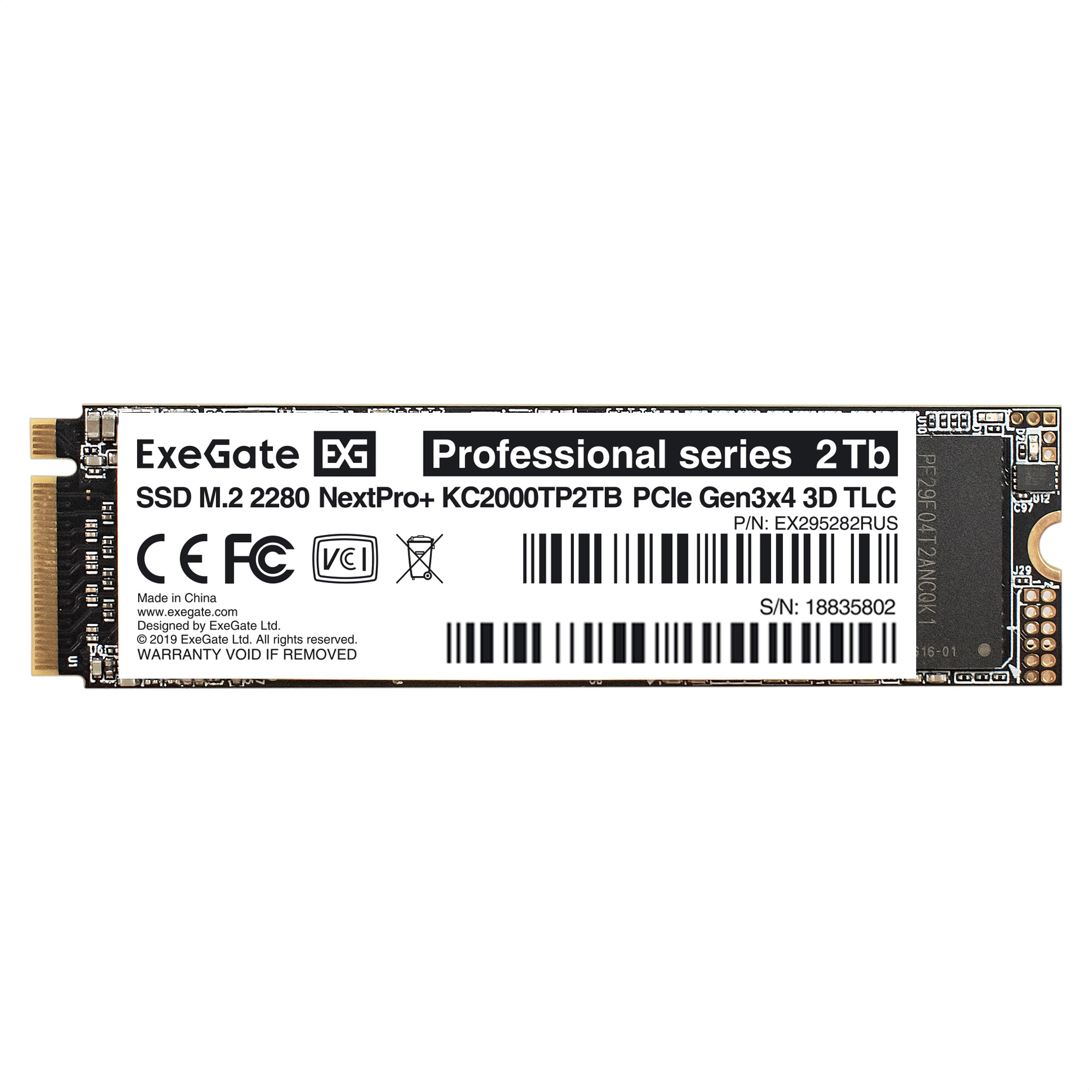 Exegate SSD M.2 2280 2Tb ExeGate NextPro+ KC2000TP2TB (PCIe Gen3x4, NVMe, 22x80mm, 3D TLC) EX295282RUS