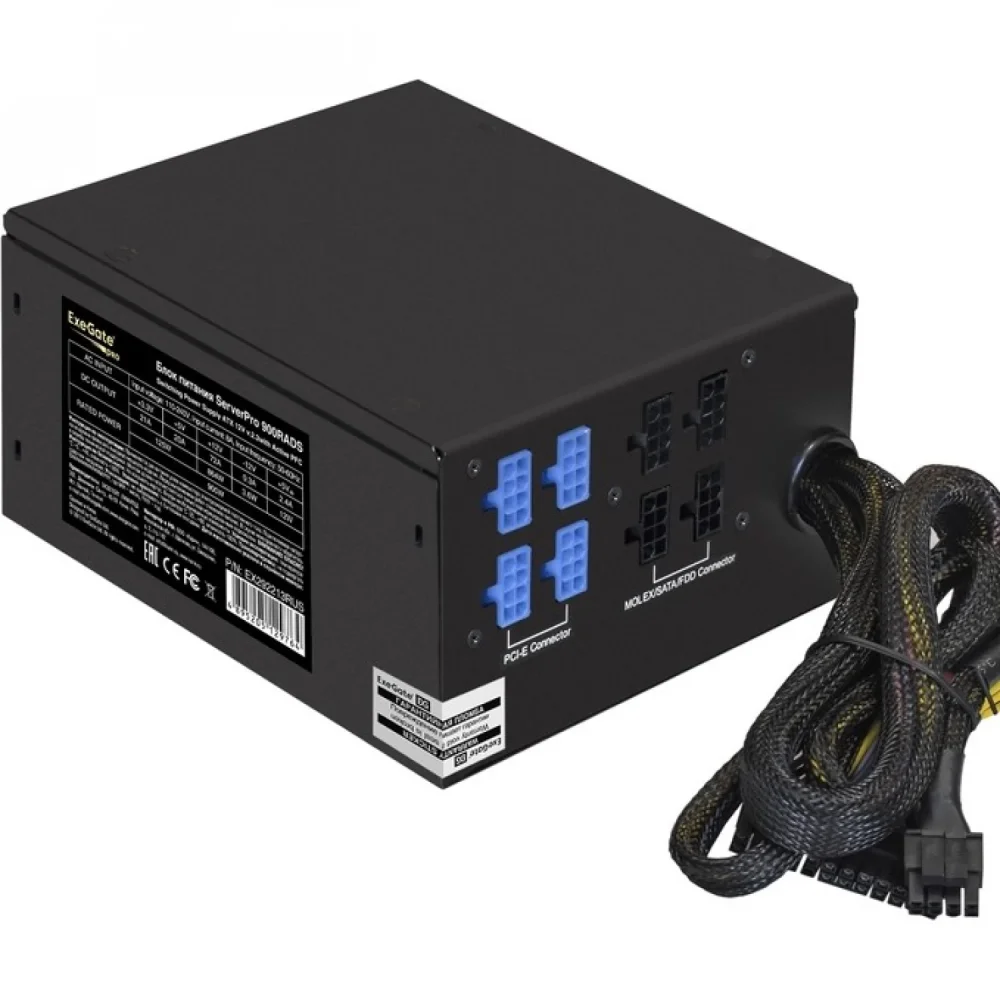 Exegate EX292213RUS Серверный БП 900W ExeGate ServerPRO-900RADS (ATX, for 3U+ cases, APFC, КПД 80% (80 PLUS), 14cm fan, 24pin, 2(4+4)pin, PCIe, 5xSATA, 4xIDE, Cable Management, black)