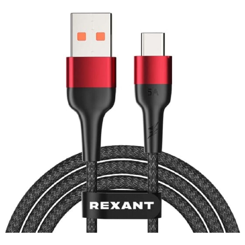 Rexant (18-7066) Кабель USB-A – Type-C, 5А, 50Вт, 1м, в черной нейлоновой оплетке