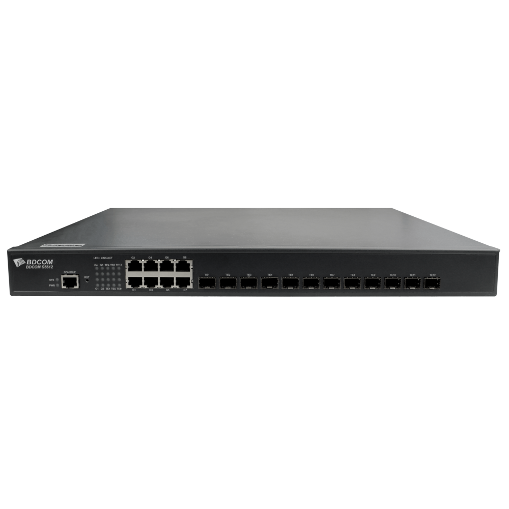 Управляемый коммутатор уровня 3 BDCOM S5612, 8x 10/100/1000Base-T, 12x 1/10GE SFP+, 1x 220VAC (встроенный БП)