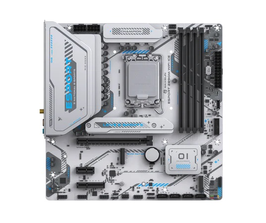 Материнская плата MAXSUN MS-eSport Z890M WIFI ICE, LGA1851, Z890, 4*DDR5, 4*SATA3, 3*M.2, USB 3.2, USB 2.0, Type-C, 1*PCIEx16, 1*PCIex4, 1*PCIex1, HDMI+DP, ATX