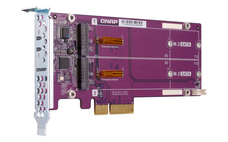 Плата расширения/ QNAP QM2-2S-220A Dual M.2 22110/2280 SATA SSD expansion card (PCIe Gen2 x2), Low-profile bracket pre-loaded, Low-profile flat and Full-height are bundled (shorter version to support