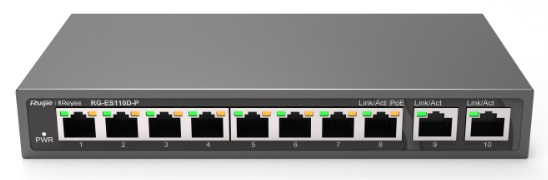 Коммутатор Reyee 8-Port 100Mbps + 2 Uplink Port 1000Mbps, 8 of the ports support PoE/PoE+ power supply. Max PoE power budget is 110W, unmanaged switch, desktop(Only US standard Adaptor is available) (RG-ES110D-P)