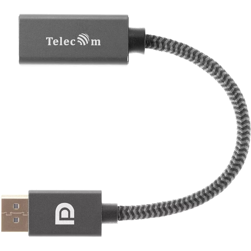 Кабель-переходник DP --> HDMI-F 0.2m , серый металлик, оплетка, 4K@60Hz, Telecom (TA560) VCOM Кабель-переходник Telecom DisplayPort M/HDMI F (TA560)