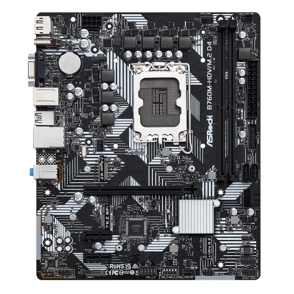 Материнская плата ASROCK B760M-HDV/M.2 D4, LGA1700, B760, 4*DDR4, HDMI+DP+D-Sub, 4xSATA3 6.0 (RAID), M.2 Socket, 4xUSB 3.2, 1xUSB2.0, Type-C, mATX; 90-MXBL40-A0UAYZ (B760M-HDV/M.2 D4)