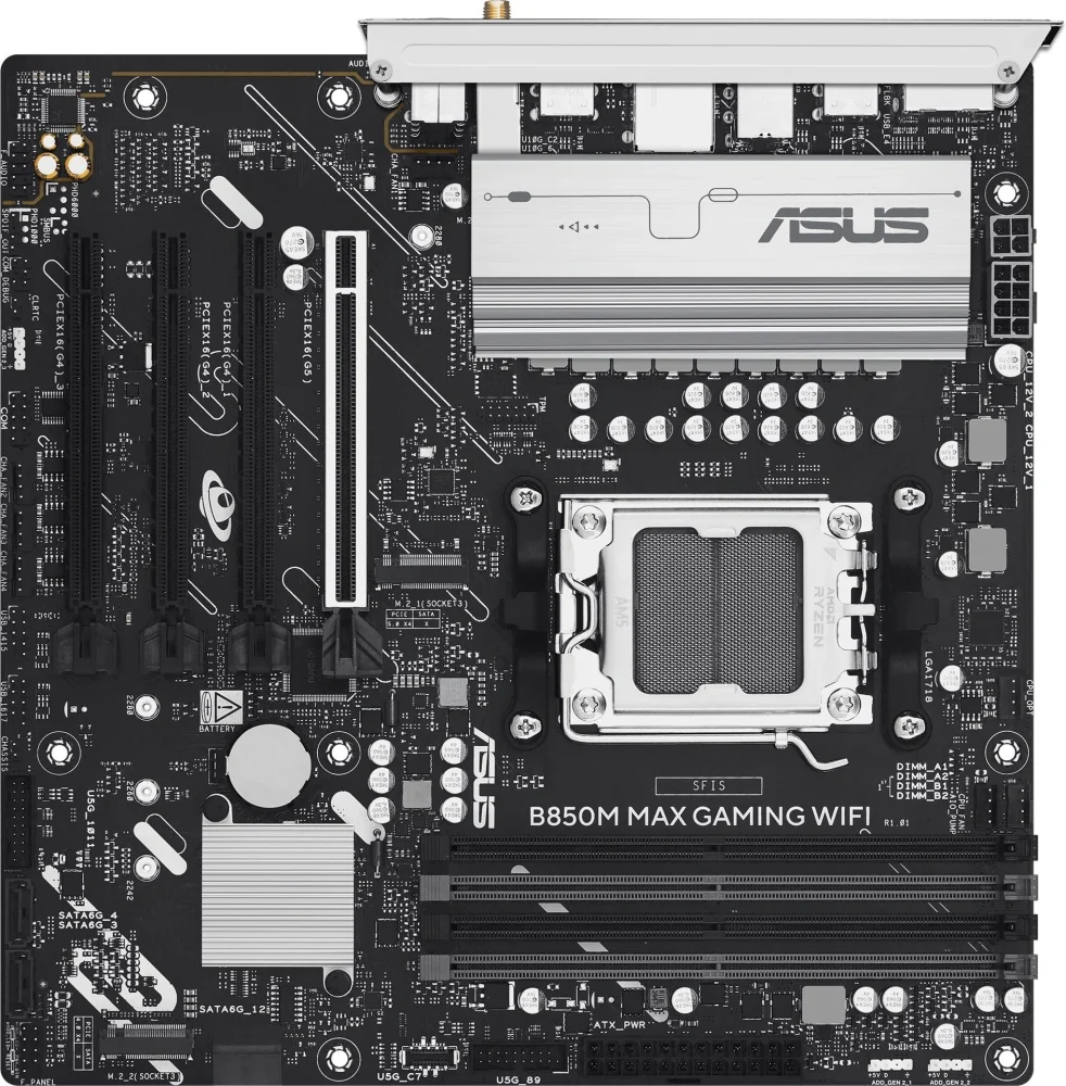 Материнская плата Asus B850M MAX GAMING WIFI SocketAM5 AMD B850 4xDDR5 mATX AC`97 8ch(7.1) GbLAN RAID+HDMI+DP