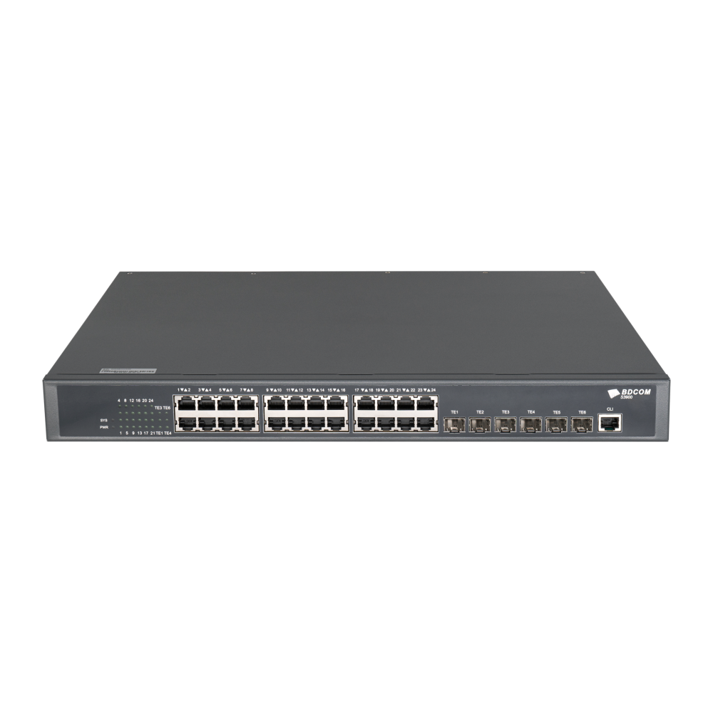 Управляемый коммутатор уровня 3 BDCOM S3900-24T6X, 24x 10/100/1000Base-T, 6x 1/10GE SFP+, Hot Swap БП 1, в комплекте 1x PSU ~220VAC