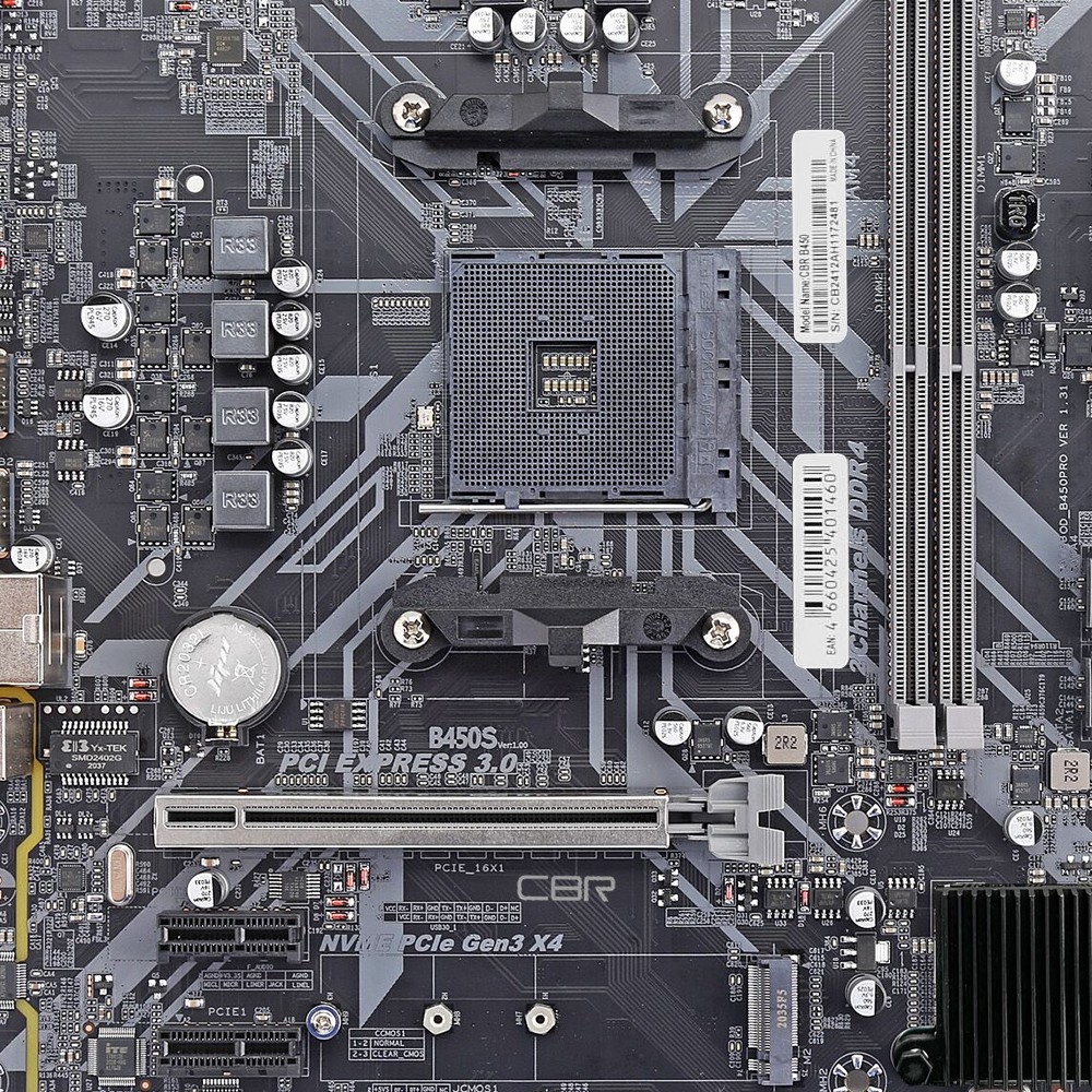 CBR B450 { Chipset B450, Socket AM4, 2*DDR4, mATX, VGA+HDMI, 1*PCIEx16,1*PCIEx1,1*M.2(NVME & SATA), 4*SATA3, 2*USB2.0 + 2*USB3.0, LAN 1Gb}