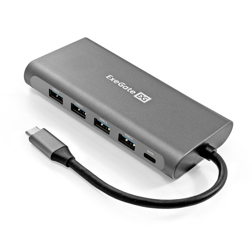 Exegate EX293985RUS Док-станция ExeGate DUB-31C/MAX (кабель-адаптер USB Type-C --> 3xUSB3.0 + Card Reader + PD 100W + HDMI 4K@30Hz + VGA + Audio + Lan RJ45 10/100/1000Mb, Plug&Play, серый)