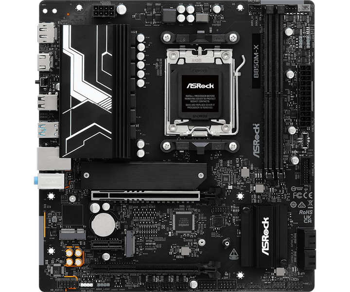 Материнская плата ASROCK B850M-X R2.0, AM5, B850, 2*DDR5, 4*SATA, 2*M.2, 2*USB 2.0, 3*USB 3.2, Type-C, 2*PCIx16, 1*M.2 (Key E), HDMI+DP, mATX