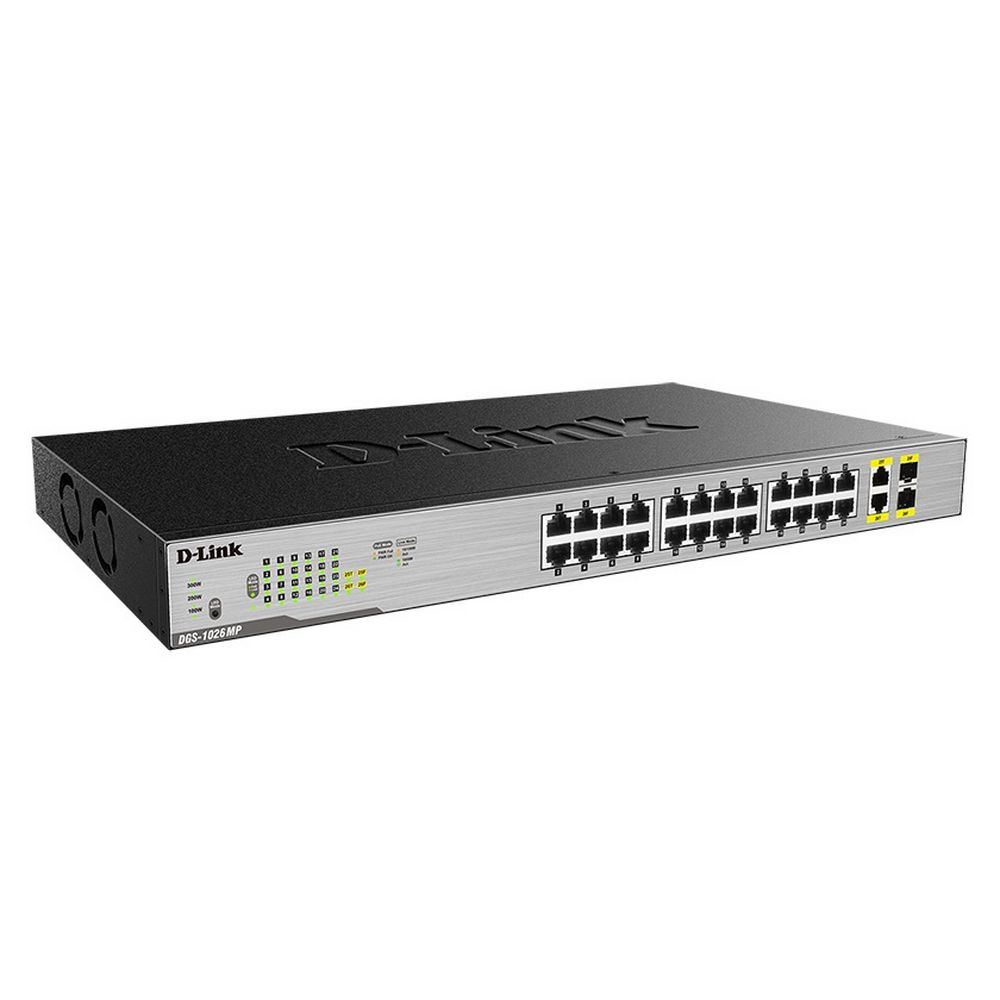 Коммутатор D-Link DGS-1026MP/B1A, L2 Unmanaged Switch with 24 10/100/1000Base-T ports and 2 100/1000Base-T SFP combo-ports (24 PoE ports 802.3af/802.3at (30 W), PoE Budget 370).8K Mac address, Auto-sensing, 802 (DGS-1026MP/B1A)