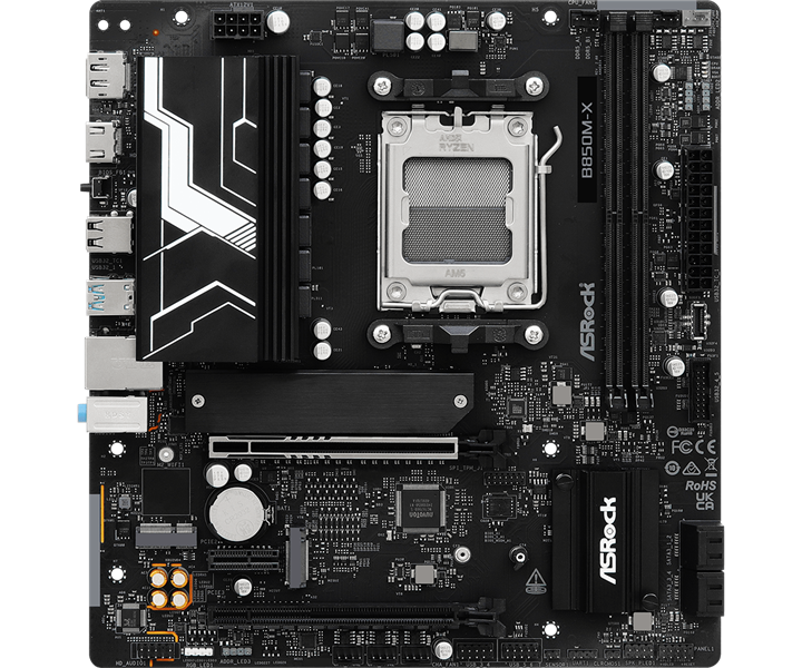 Материнская плата ASROCK B850M-X R2.0, AM5, B850, 2*DDR5, 4*SATA, 2*M.2, 2*USB 2.0, 3*USB 3.2, Type-C, 2*PCIx16, 1*M.2 (Key E), HDMI+DP, mATX