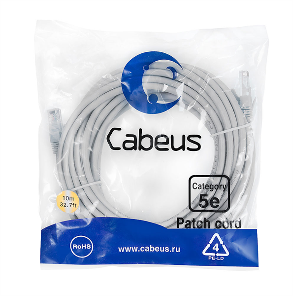 Cabeus PC-UTP-RJ45-Cat.5e-10m Патч-корд U/UTP, категория 5е, 2xRJ45/8p8c, неэкранированный, серый, PVC, 10м (PC-UTP-RJ45-Cat.5e-10m)