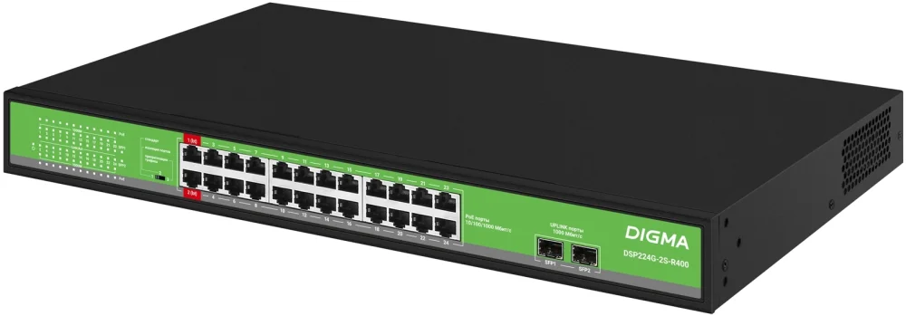 Коммутатор Digma DSP224G-2S-R400 (L2) 24x1Гбит/с 2SFP 24PoE 24PoE+ 2PoE++ 400W неуправляемый