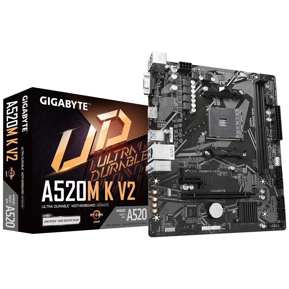 Материнская плата GIGABYTE A520M K V2, AM4, A520, 2*DDR4, D-SUB+HDMI, 4 SATA 6 Гб/с, M2, Audio, Gb LAN, USB 3.2, USB 2.0, mATX (A520M K V2)