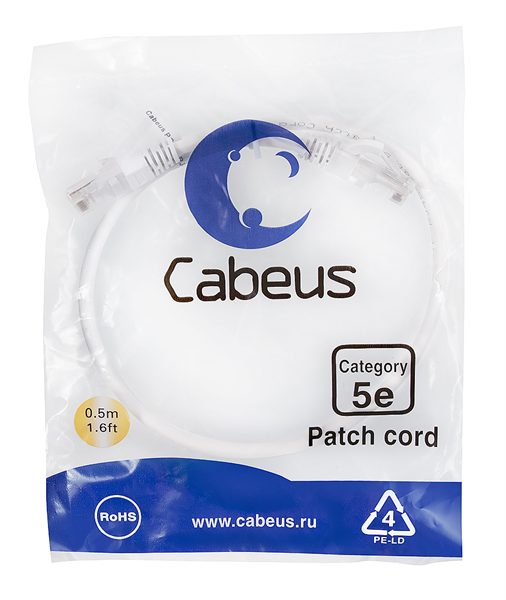 Патч-корд Cabeus PC-UTP-RJ45-Cat.5e-0.5m-WH-LSZH Патч-корд U/UTP, категория 5е, 2xRJ45/8p8c, неэкранированный, белый, LSZH, 0.5м (PC-UTP-RJ45-Cat.5e-0.5m-WH-LSZH)