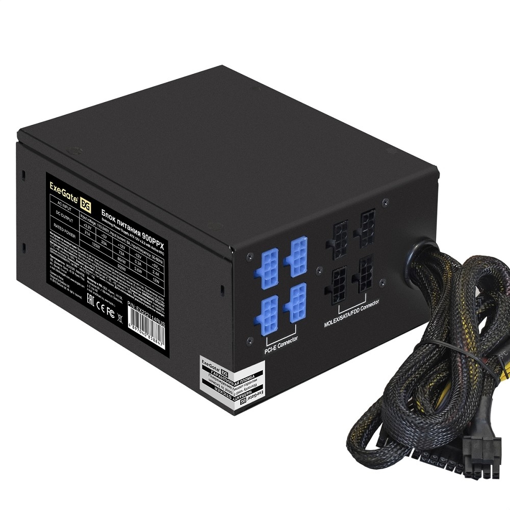 Exegate EX222114RUS-S Блок питания 900W ExeGate 900PPX (ATX, SC, APFC, КПД 82% (80 PLUS), 14cm fan, 24pin, 2x(4+4)pin, PCIe, 5xSATA, 4xIDE, Cable Management, RTL, black, кабель 220V с защитой от выдер