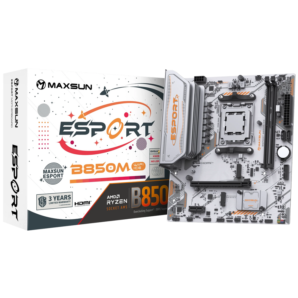 Материнская плата Maxsun MS-eSport B850M WIFI ICE B850, AM5, 2*DDR5, 1*PCIEx16, 1*PCIEx1, 2*M.2, 6*USB3.2Gen1, 4*USB2.0, 2*SATA3.0, 1G, DP, HDMI, M-ATX, RTL