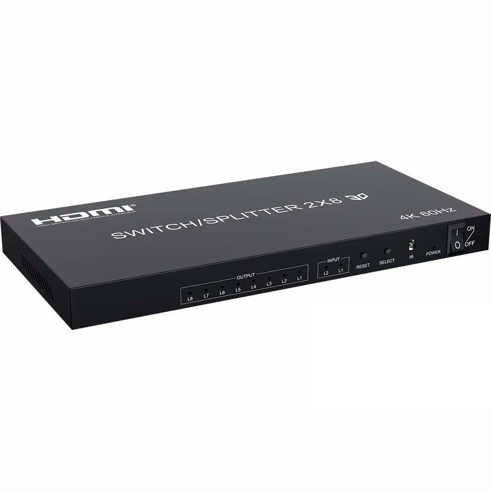ORIENT HSP0208H-2.0, HDMI переключатель/разветвитель 2->8, UHD 4K/60Гц (3840x2160), HDR, HDMI 2.0, HDCP 2.2, пульт ДУ, внешний БП 5В/2A, метал.корпус (33321)