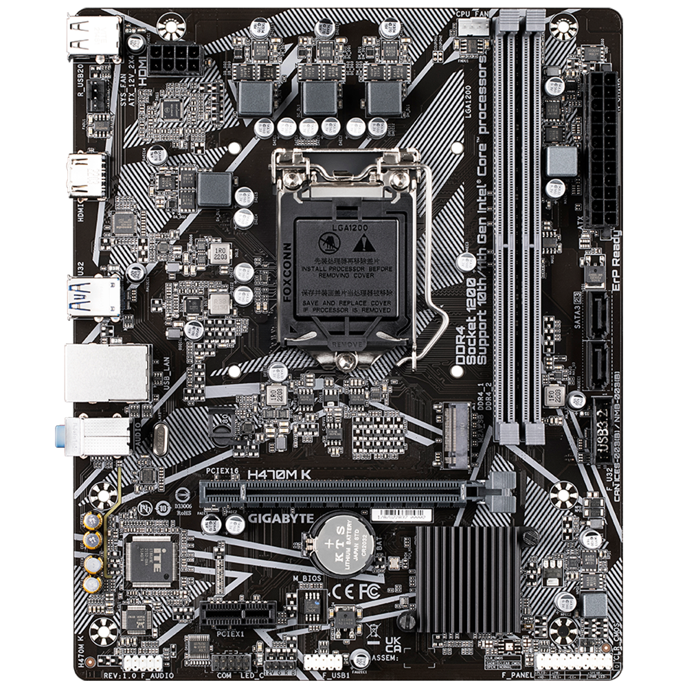 Материнская плата Gigabyte OEM H470M K, Socket 1200, Intel®H470, 2xDDR4-2333, HDMI, 1xPCI-Ex16, 1xPCI-Ex1, 2xSATA3, 1xM.2, 8 Ch Audio, GLan, (4+2)xUSB2.0, (2+2)xUSB3.2, mATX, RTL {} oem