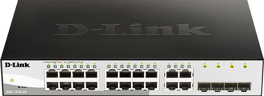 Коммутатор D-Link Managed L2 Switch 16x1000Base-T, 4xCombo 1000Base-T/SFP, Surge 6KV,CLI (DGS-1210-20/FL2A)