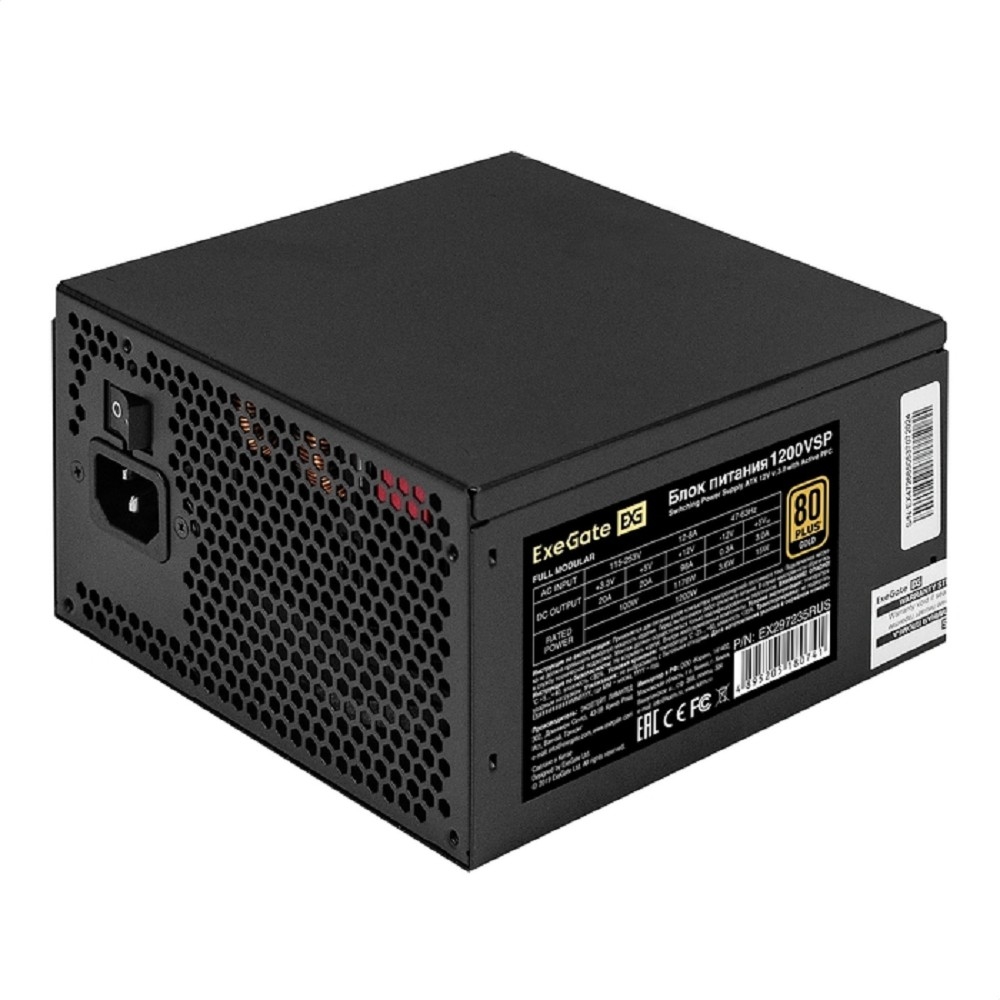 Exegate EX297235RUS Блок питания 1200W ExeGate 80 PLUS® GOLD 1200VSP FC (ATX3.0, APFC, КПД 90% (80 PLUS GOLD), 120mm fan, 24pin, 2x(4+4)pin, PCIE5.0/12VHPWR, 4xPCI-E, 9xSATA, 3xIDE, 1xFDD, Full Cable