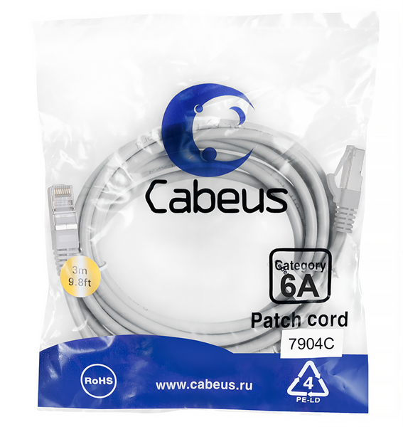 Cabeus PC-SSTP-RJ45-Cat.6a-3m-LSZH Патч-корд S/FTP, категория 6а (10G), 2xRJ45/8p8c, экранированный, серый, LSZH, 3м (PC-SSTP-RJ45-Cat.6a-3m-LSZH)