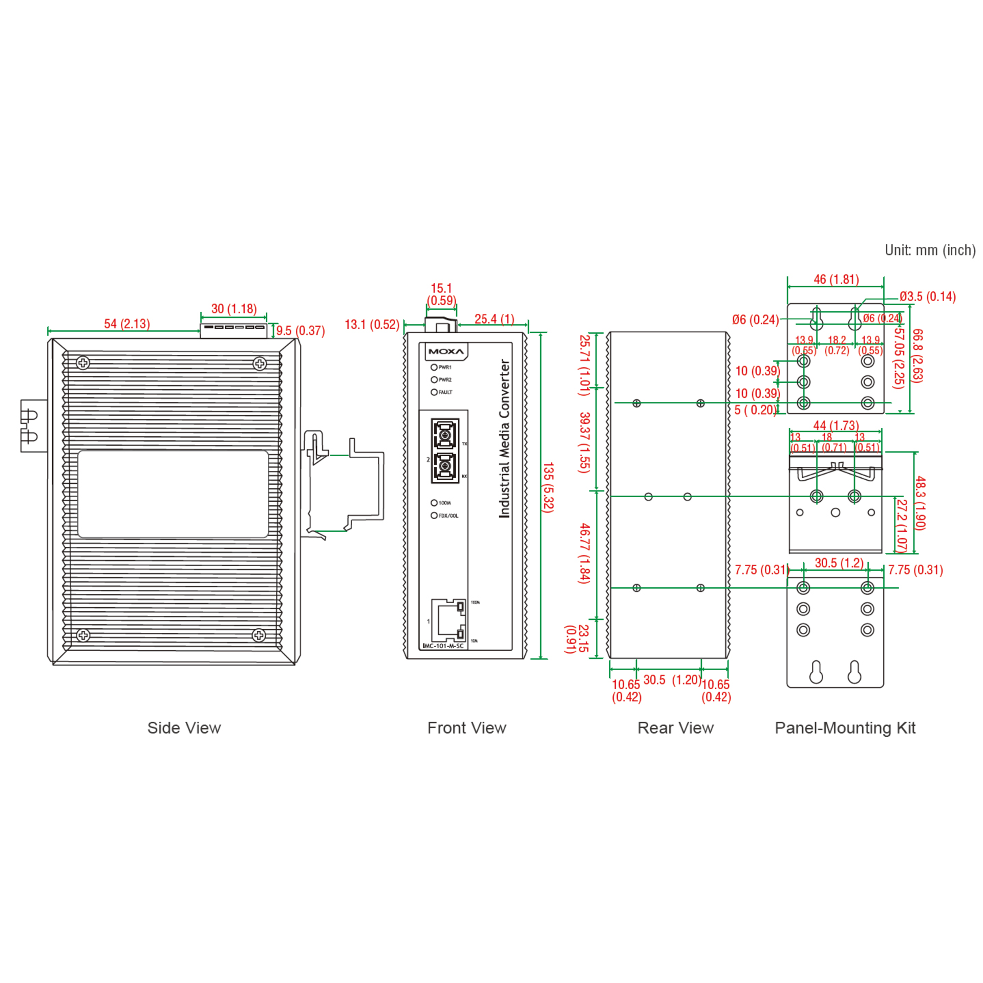 Медиаконвертер Ethernet 10/100BaseTX в 100BaseFX (многомодовое оптоволокно) в металлическом корпусе MOXA