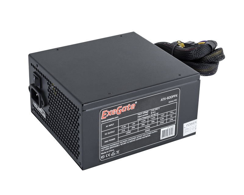 Exegate EX221642RUS Блок питания 600W ATX-600PPX RTL, black, active PFC, 13,5cm, 20+4pin/4+4pin/PCI-E/4IDE/5SATA