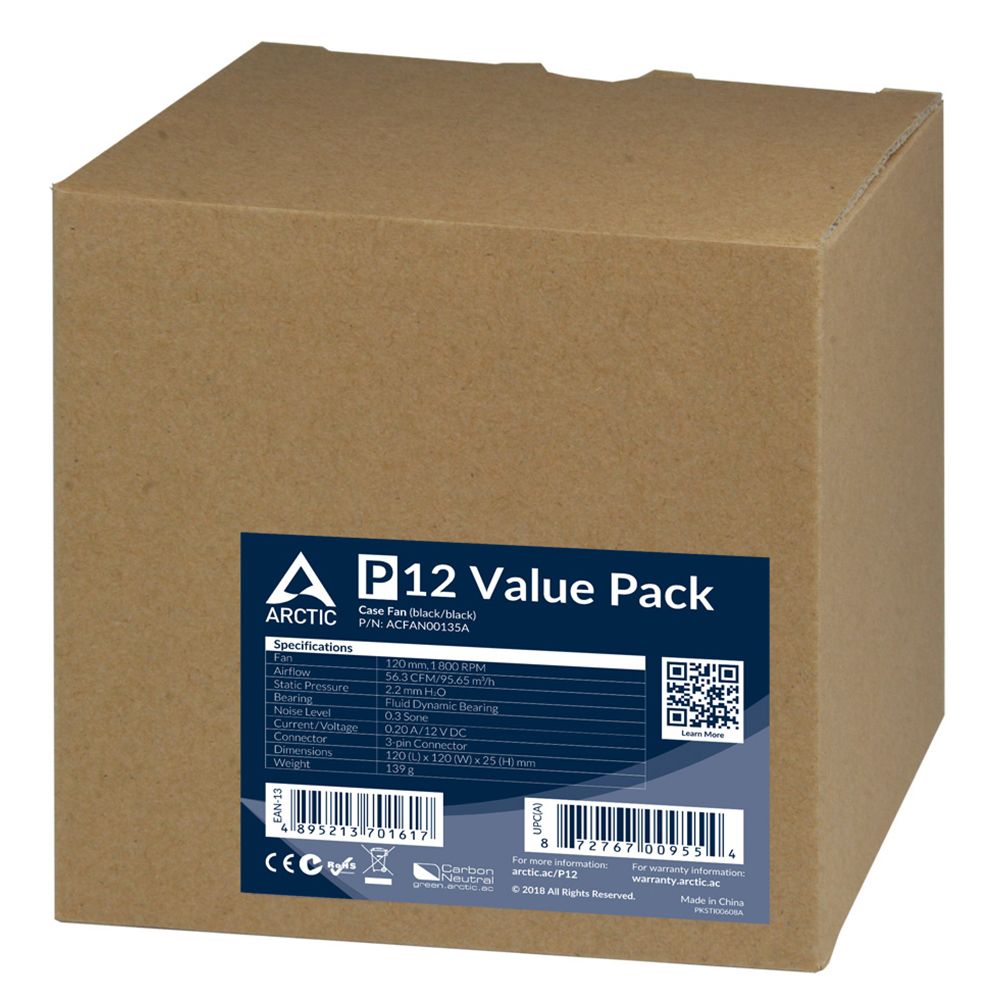 Вентилятор корпусной ARCTIC P12 Value pack (black/black) (5pc) (ACFAN00135A) (701617)