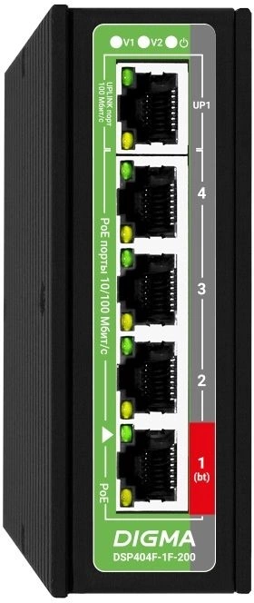 Коммутатор Digma DSP404F-1F-200 (L2) 5x100Мбит/с 4PoE 4PoE+ 1PoE++ 200W неуправляемый