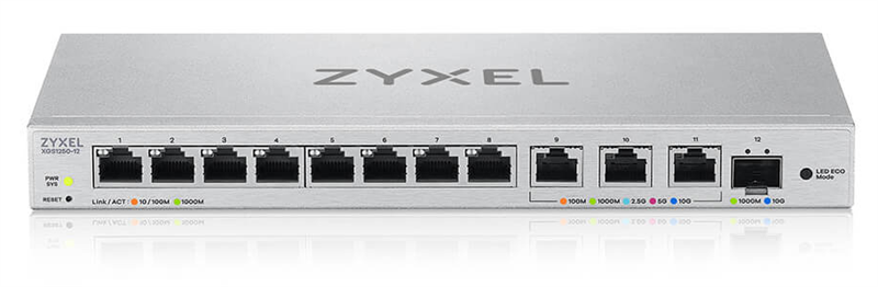 Коммутатор Мультигигабитный Smart L2 коммутатор Zyxel XGS1250-12, 8xGE, 3x1/2,5/5/10G, 1xSFP+, кнопка LED ECO Mode, настольный (XGS1250-12-ZZ0102F)