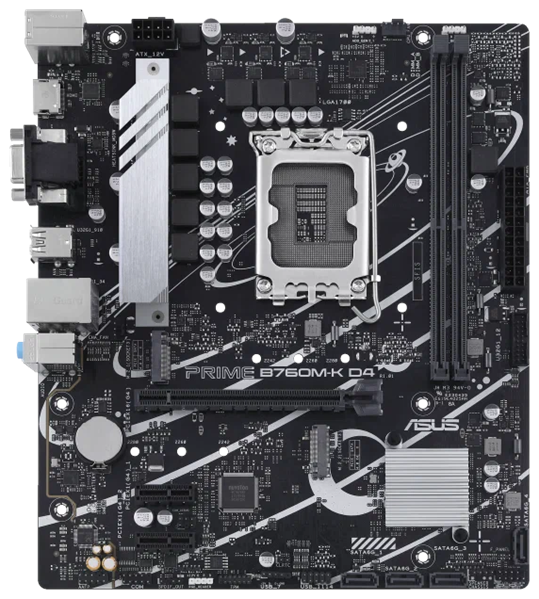 Материнская плата ASUS PRIME B760M-K D4, LGA1700, B760, 2*DDR4, HDMI+VGA, 4xSATA3 + RAID, M2, Audio, Gb LAN, USB 3.2, USB 2.0, mATX; 90MB1DS0-M0EAY0 (PRIME B760M-K D4)