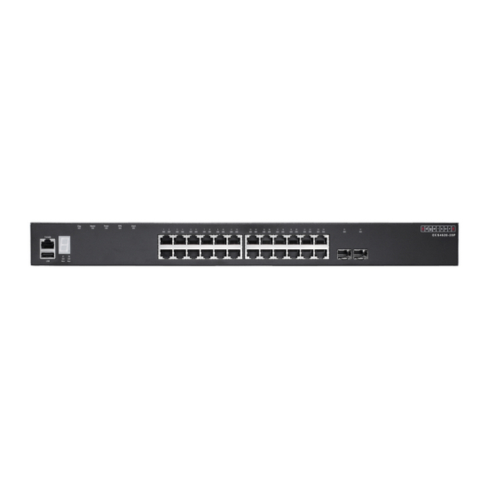 ECS4620-28T Edge-corE 24 x GE + 2 x 10G SFP+ ports + 1 x expansion slot (for dual 10G SFP+ ports) L3 Stackable Switch, w/ 1 x RJ45 console port, 1 x USB type A storage port, RPU connector, fan-less design, Stack up to 4 units
