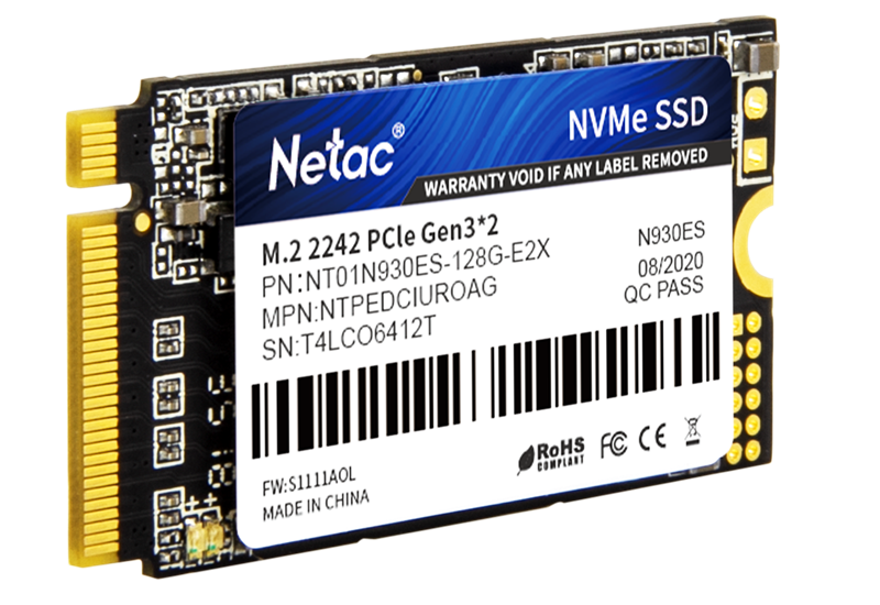 Ssd накопитель Netac SSD N930ES PCIe 3 x2 M.2 2242 NVMe 3D NAND 128GB, R/W up to 970/635MB/s, 3y wty (NT01N930ES-128G-E2X)