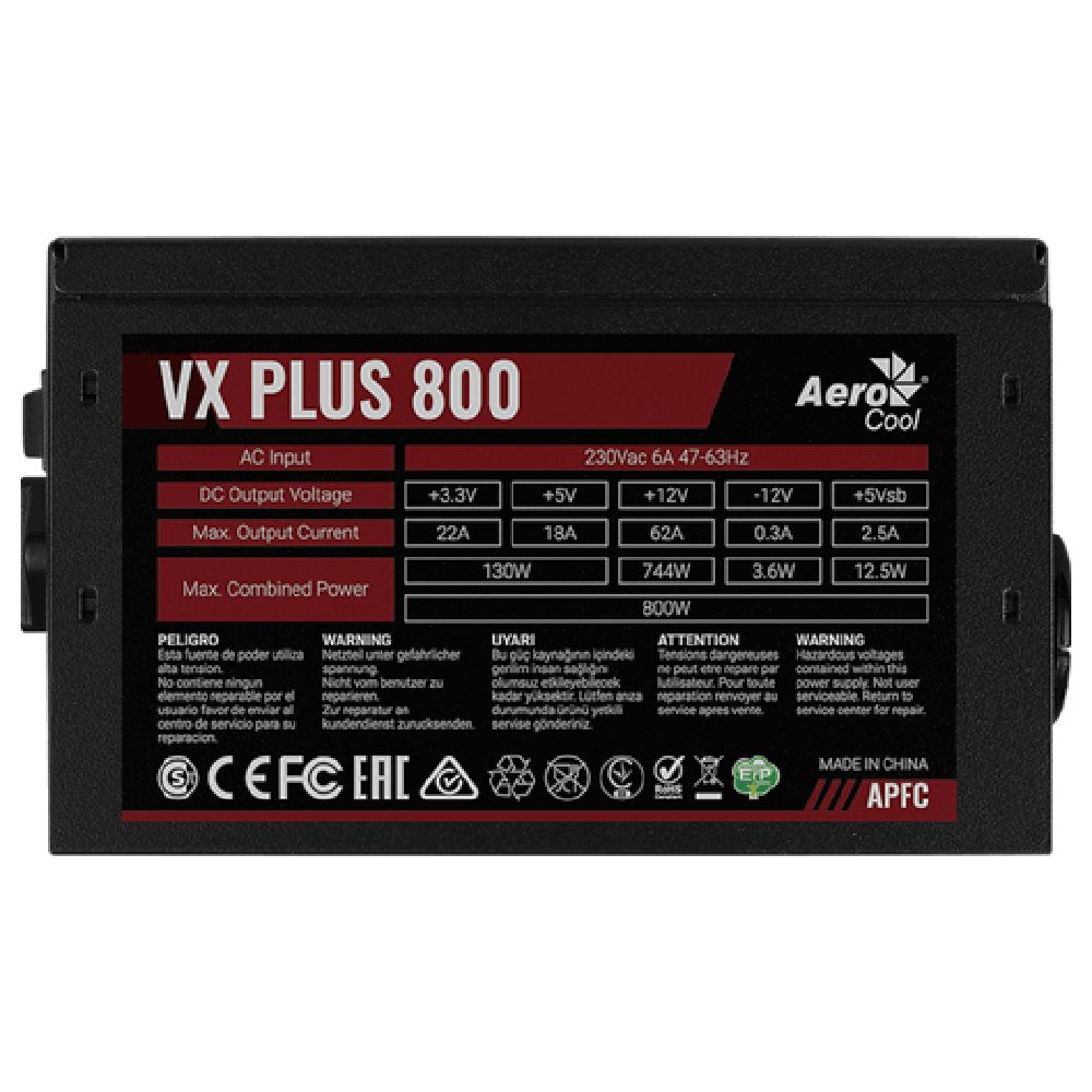Блок питания Aerocool 800W Retail VX PLUS 800, ATX v2.3, A.PFC, fan 12cm, 4x PCI-E [6+2-Pin], 6x SATA, 4x MOLEX, 1x FDD (VX PLUS 800)