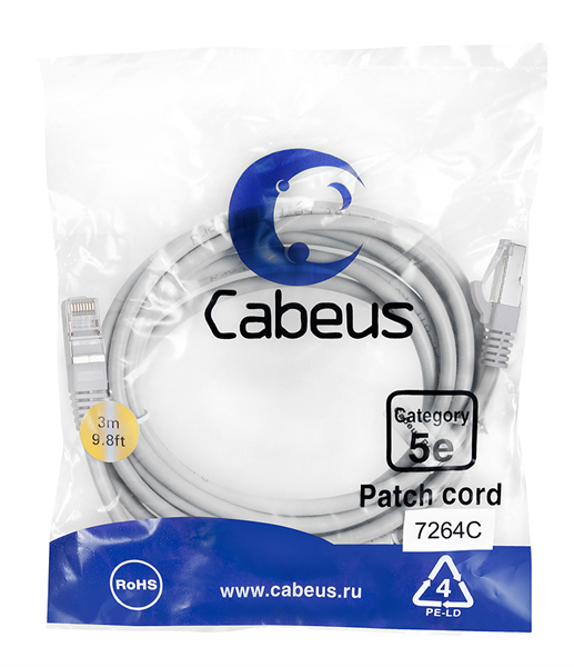 Cabeus PC-FTP-RJ45-Cat.5e-3m Патч-корд F/UTP, категория 5е, 2xRJ45/8p8c, экранированный, серый, PVC, 3м (PC-FTP-RJ45-Cat.5e-3m)