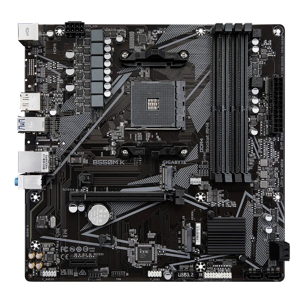 Материнская плата GIGABYTE B550M K, AM4, B550, 4*DDR4, DP+HDMI, 4 SATA 6 Гб/с, M2, Audio, Gb LAN, USB 3.2, USB 2.0, mATX (B550M K)