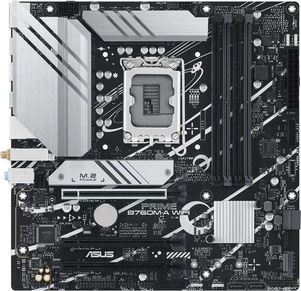 Материнская плата ASUS PRIME B760M-A WIFI, LGA1700, B760, 4*DDR5, HDMI+DP, 4xSATA3 + RAID, M2, Audio, Gb LAN, USB 3.2, USB 2.0, mATX; 90MB1EL0-M0EAY0 (PRIME B760M-A WIFI)