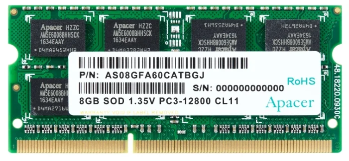 Оперативная память Apacer DDR3 8GB 1600MHz SO-DIMM (PC3-12800) CL11 1.5V(Retail) 512*8 (AS08GFA60CATBGC/DS.08G2K.KAM) (AS08GFA60CATBGC)