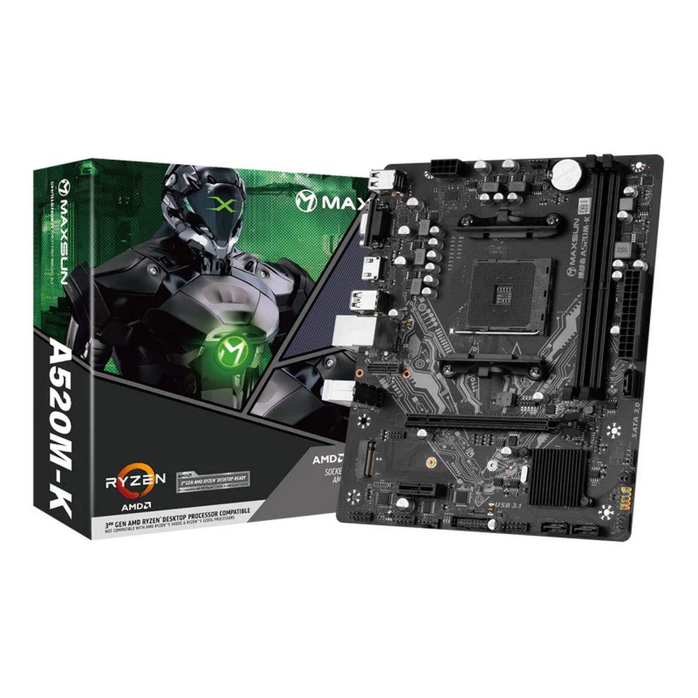 Материнская плата Maxsun Challenger A520M-K AM4, A520, 2xDDR4, 1xPCI-E 16X1xPCI-E 1X2xM.2, Front2xUSB3.0, 2xUSB2.0, Rear4xUSB2.0, 2xUSB3.0, 3xSATA 3.0, 1GLan, HDMI+DP, mATX, RTL