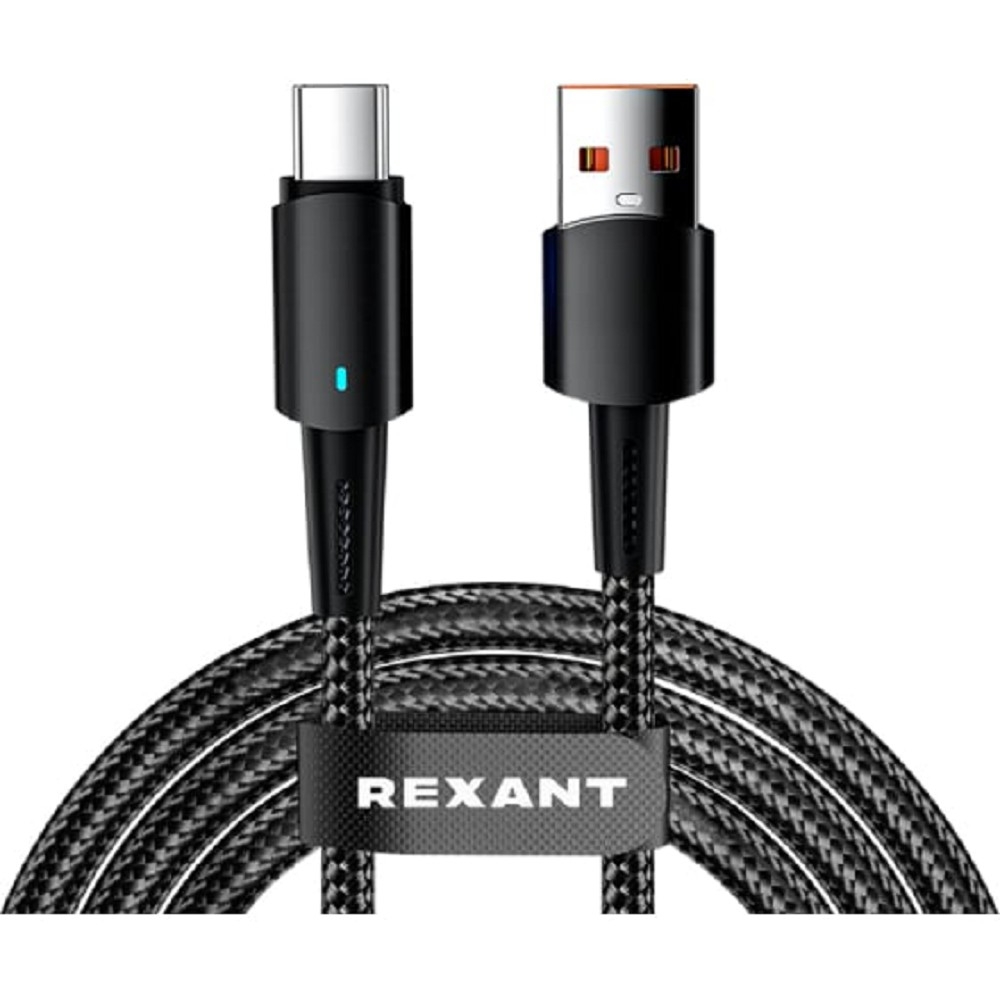 Rexant (18-7064) Кабель USB-A – Type-C, 6А, 66Вт, 1м, в черной нейлоновой оплетке, со световой индикацией