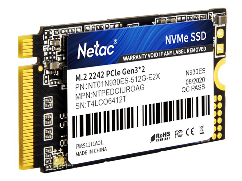 Ssd накопитель Netac SSD N930ES PCIe 3 x2 M.2 2242 NVMe 3D NAND 512GB, R/W up to 1650/1500MB/s, 3y wty (NT01N930ES-512G-E2X)