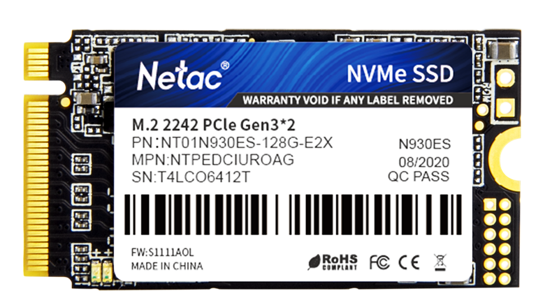 Ssd накопитель Netac SSD N930ES PCIe 3 x2 M.2 2242 NVMe 3D NAND 128GB, R/W up to 970/635MB/s, 3y wty (NT01N930ES-128G-E2X)