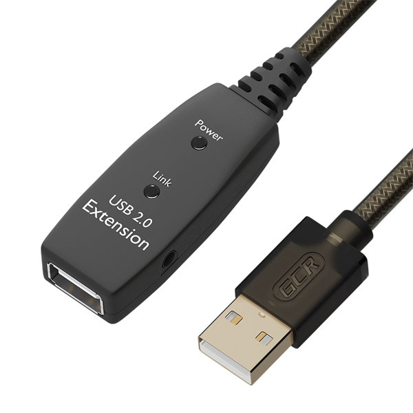 GCR Удлинитель активный 5.0m USB 2.0, AM/AF, GOLD, черно-прозрачный, с усилителем сигнала, разъём для доп.питания, 28/24 AWG (GCR-53804)