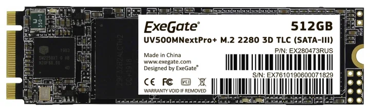 Накопитель SSD M.2 2280 512GB ExeGate NextPro+ UV500TS512 (SATA-III, 22x80mm, 3D TLC) (EX280473RUS)