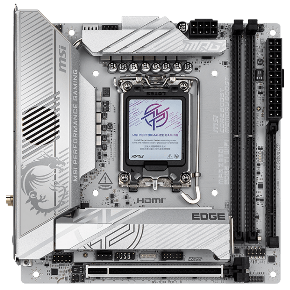 Материнская плата MSI MPG Z890I EDGE TI WIFI Z890, LGA1851, 4*DDR5, 2*PCIEx16, 1*PCIEx1, 5*M.2, 2*TypeC, 4*USB3.2Gen2, 6*USB3.2Gen1, 5*USB2.0, 4*SATA3.0, 5G, 2*Type-C DP, HDMI, ATX, RTL