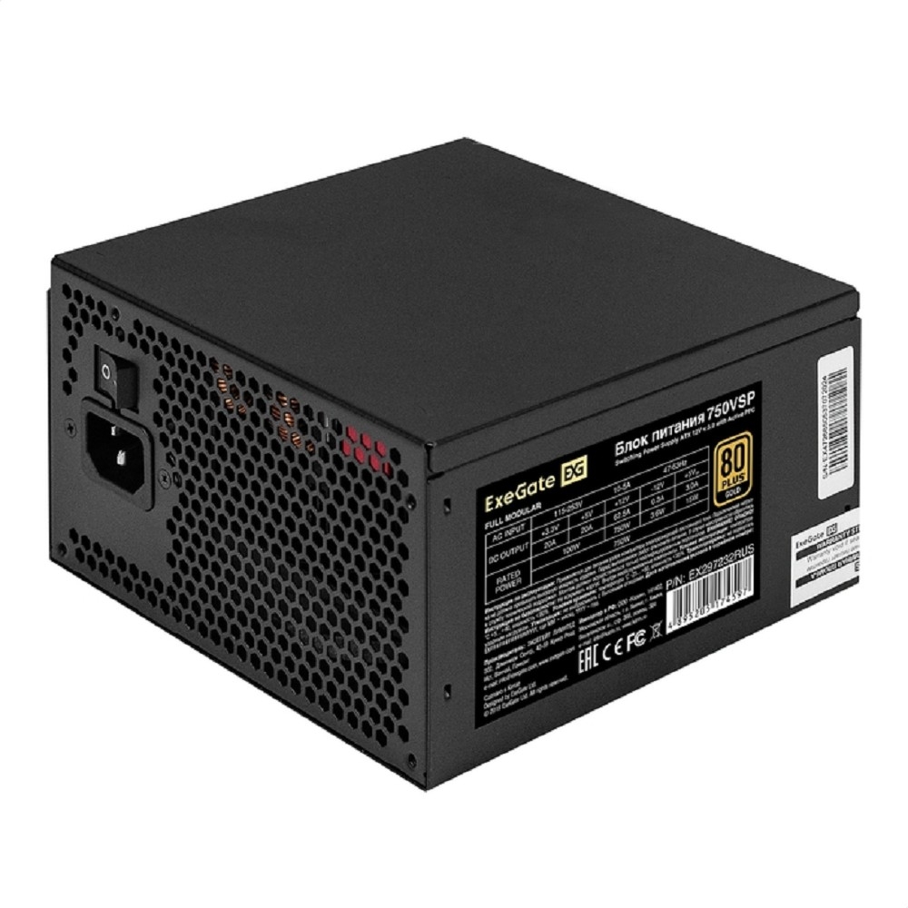 Exegate EX297232RUS Блок питания 750W 80 PLUS® GOLD 750VSP FC (ATX3.0, APFC, КПД 90% (80 PLUS GOLD), 120mm fan, 24pin, 2x(4+4)pin, PCIE5.0/12VHPWR, 4xPCI-E, 6xSATA, 3xIDE, 1xFDD, Full Cable Management