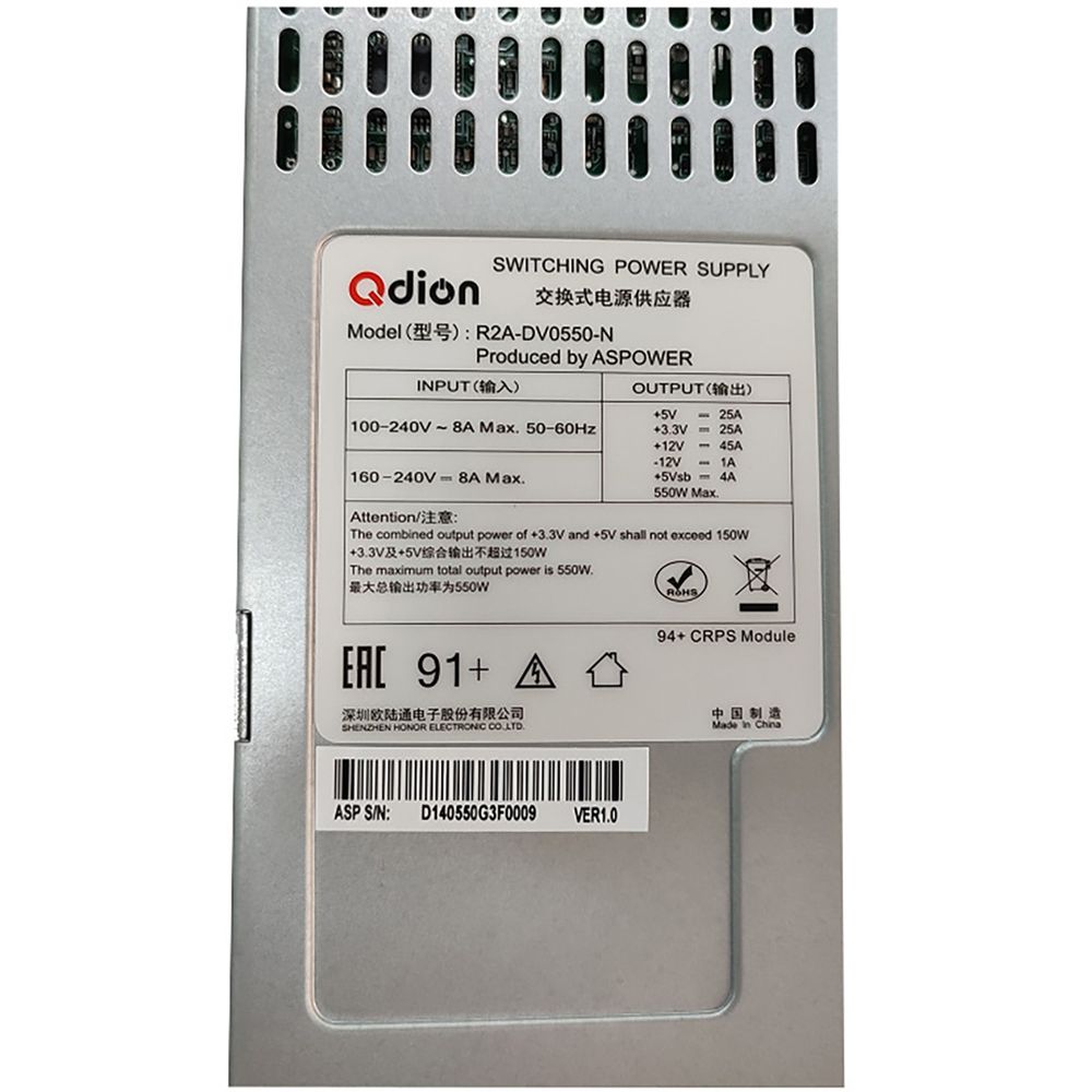 R2A-DV0550-N-H 2U Redundant 550W (ШВГ=77.5*84*225mm), 80+ Gold, Oper.temp 0C~50C, AC/DC Dual input, 2x U1A-D10800-DRB CRPS modules + PBD frame (ASPower) RTL {4}