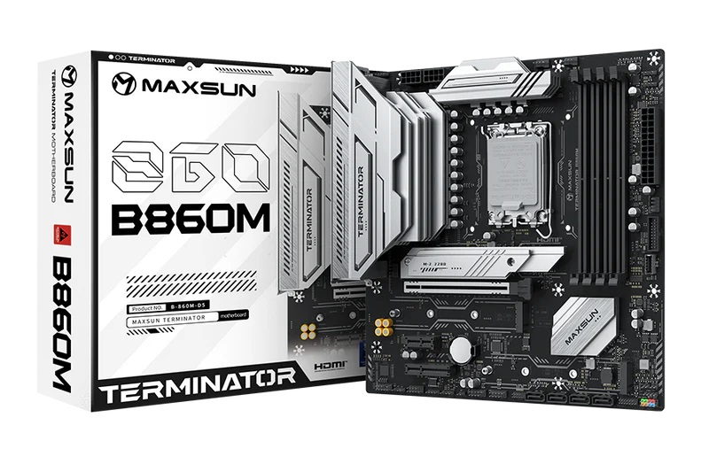 Материнская плата MAXSUN MS-Terminator B860M, LGA1851, B860, 4*DDR5, 4*SATA3, 3*M.2, USB 3.2, USB 2.0, Type-C, 1*PCIEx16, 1*PCIex4, 1*PCIex1, HDMI+DP, mATX